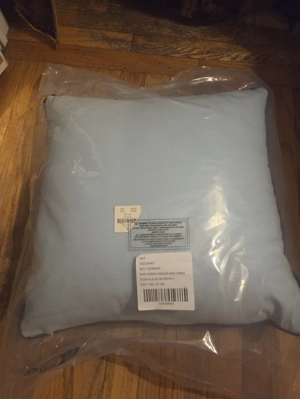 Anthropologie Pale Blue Swan Motif Decorative Pillow with Navy Piping
